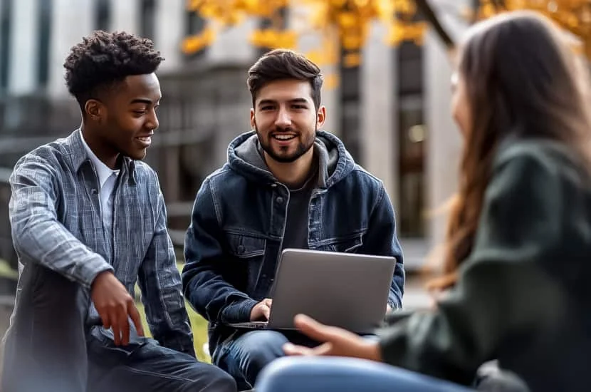 Group of international students looking at a laptop