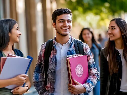Students on campus discussing with MPOWER folders