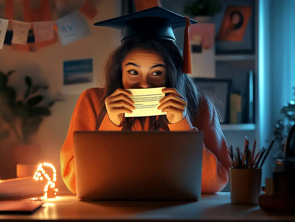 Insert Image alt text here: A young international graduate sits alone in a cozy apartment, eyes wide and hands to their mouth in joyful disbelief while reading a job offer email on a glowing laptop, surrounded by graduation memorabilia.