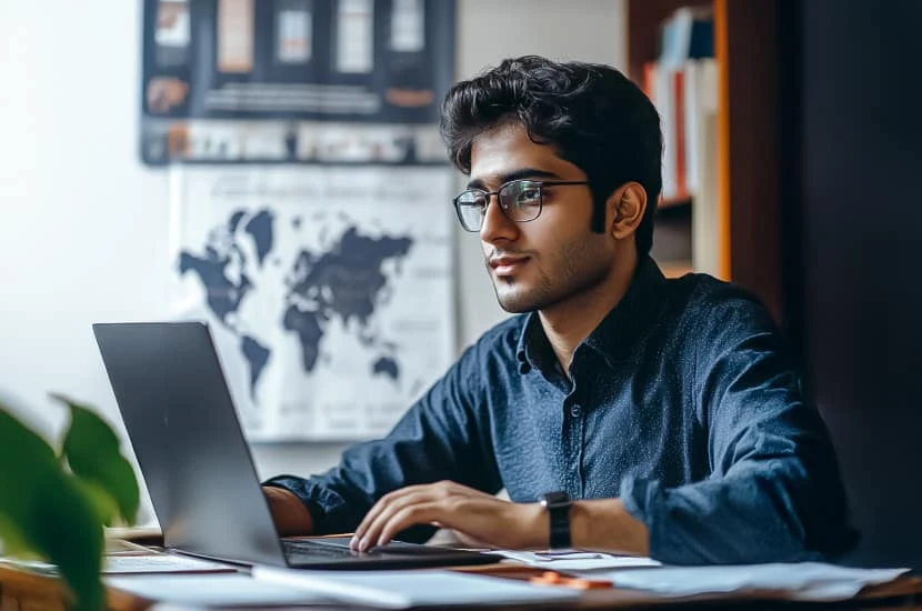 International student sitting at a desk