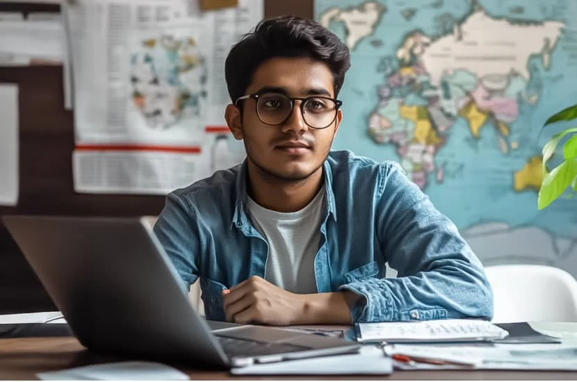 International student sitting at a desk