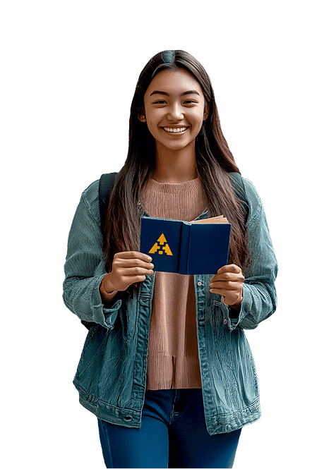 girl holding a book and smiling