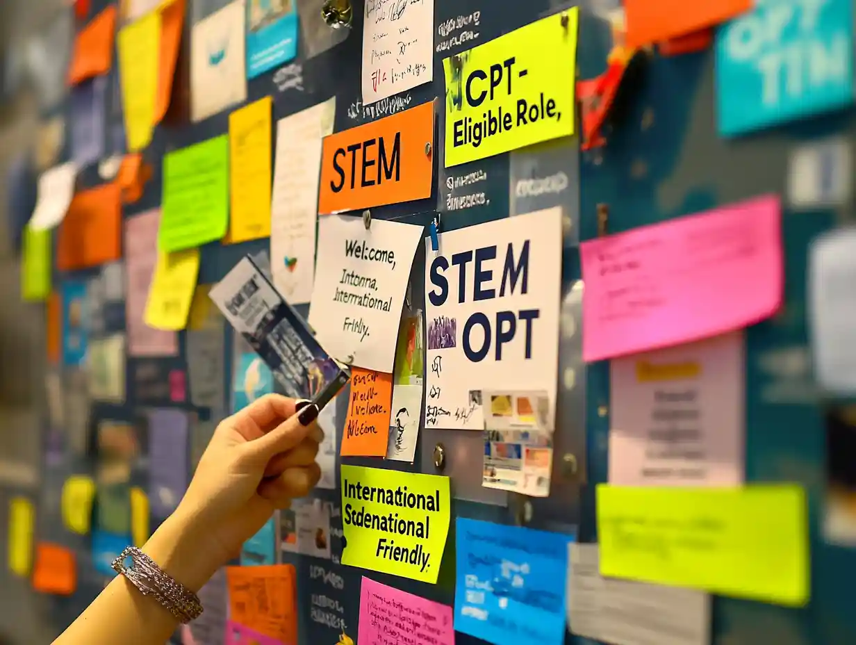 Bulletin board with internship flyers and CPT/OPT-friendly job listings for international students