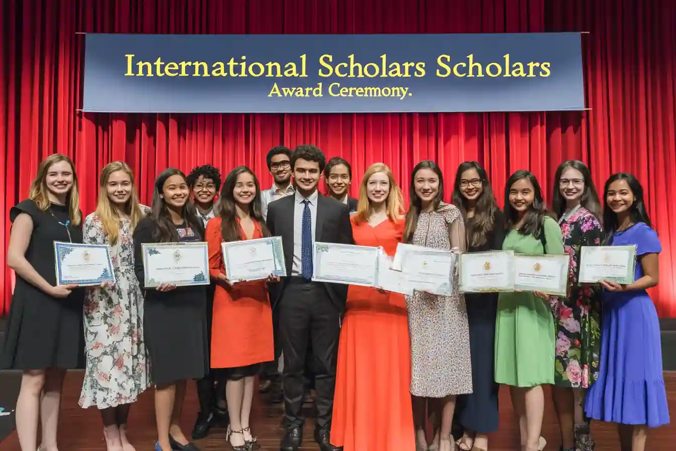 A diverse group of international students proudly holding scholarship certificates at an “International Scholars Award Ceremony,” dressed in semi-formal attire with country pins and sashes.