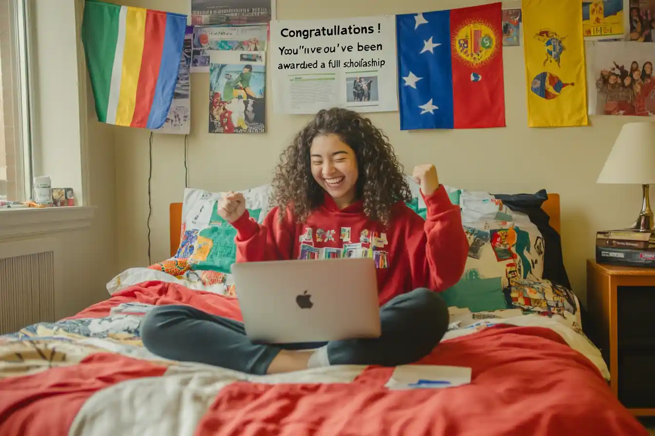 An international student in a dorm room cheering after receiving a full scholarship email, surrounded by global flags, family photos, and study supplies.