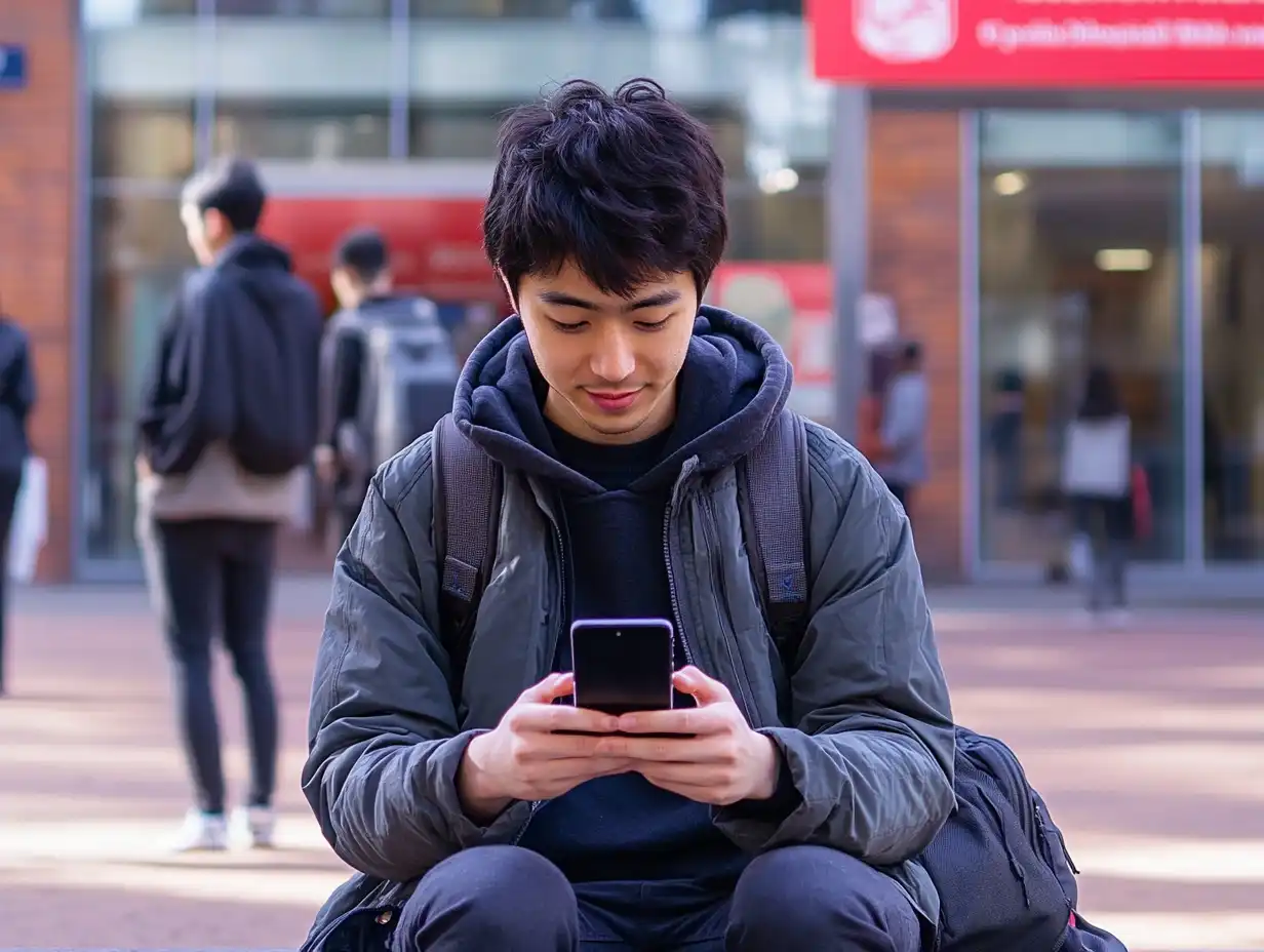 International student browsing LinkedIn for job opportunities outside a campus building
