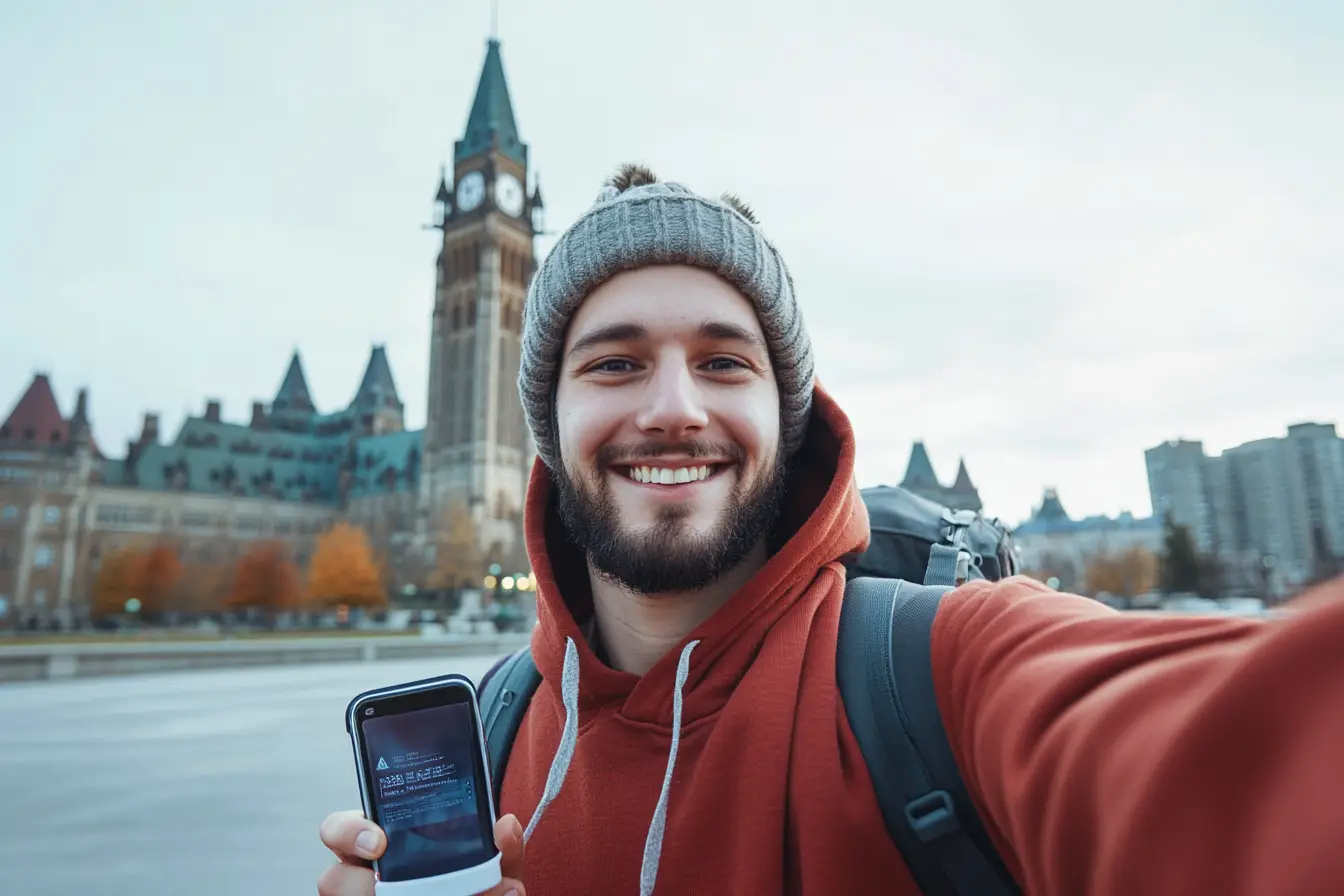 Cheerful international student taking a selfie in front of a famous Canadian landmark while wearing a university hoodie and carrying a backpack.