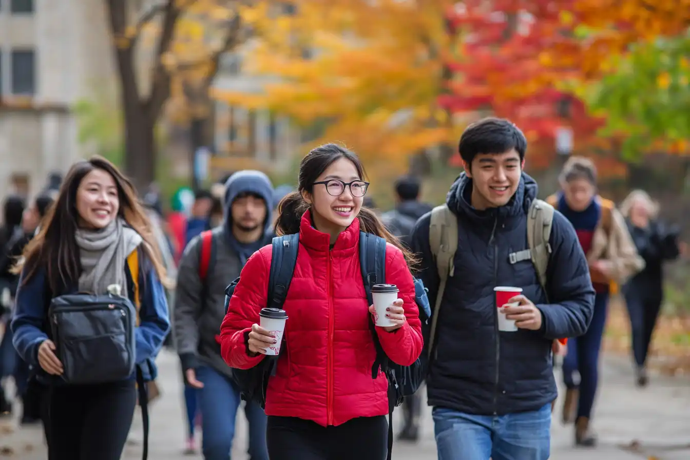 Group of international students walking on a Canadian university campus pathway, wearing seasonal jackets and carrying backpacks, with maple trees and student service buildings in the background.