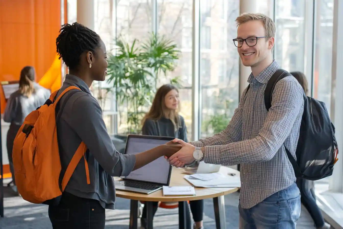 International student intern shaking hands with a mentor in a modern U.S. office after a successful project, symbolizing mentorship and collaboration.