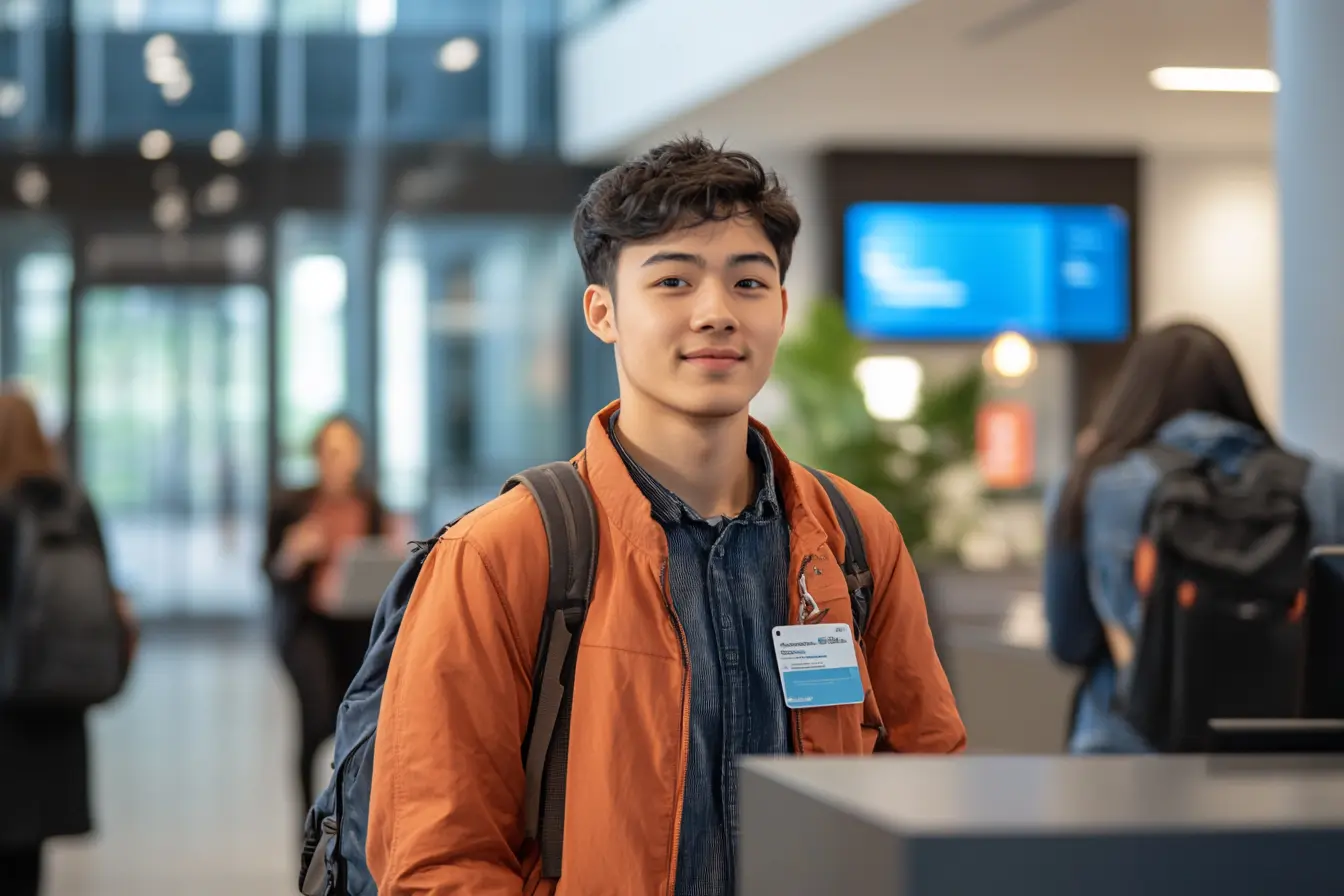 International student showing ID badge at the front desk of a U.S. tech company, entering a sleek lobby filled with branding and activity.