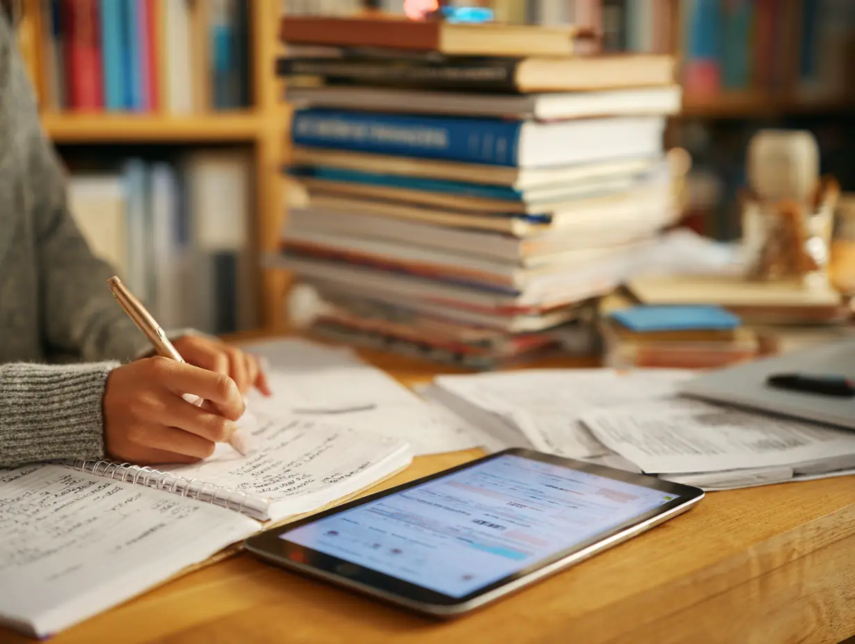 Insert Image alt text hereStudent sitting at a study desk comparing loan options on a tablet, taking notes with a budget planner open and books labeled “STEM Programs” and “U.S. Student Aid” nearby.