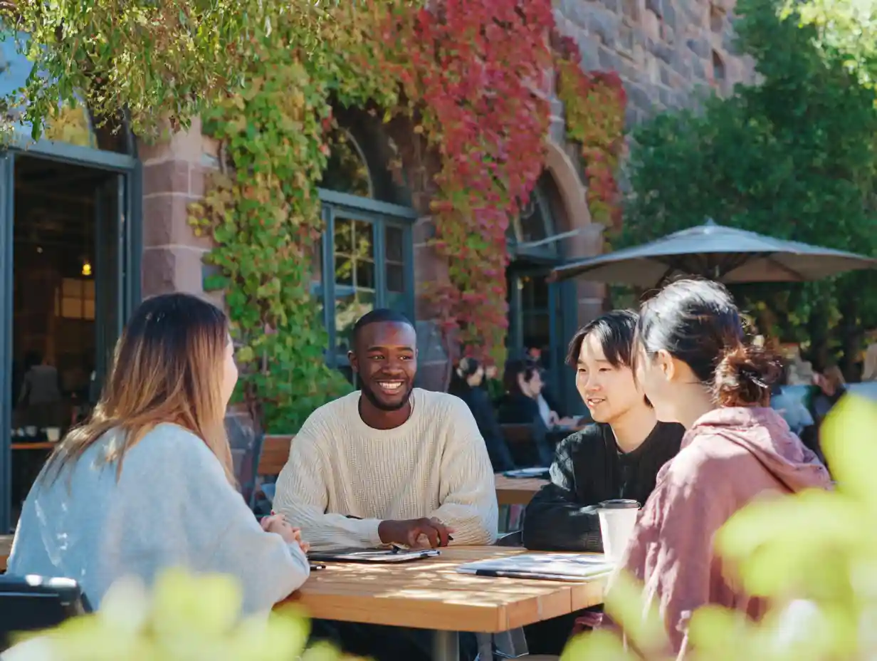 Insert Image alt text hereGroup of international graduate students chatting at an outdoor café, casually sharing tips about managing loans, part-time work and school life