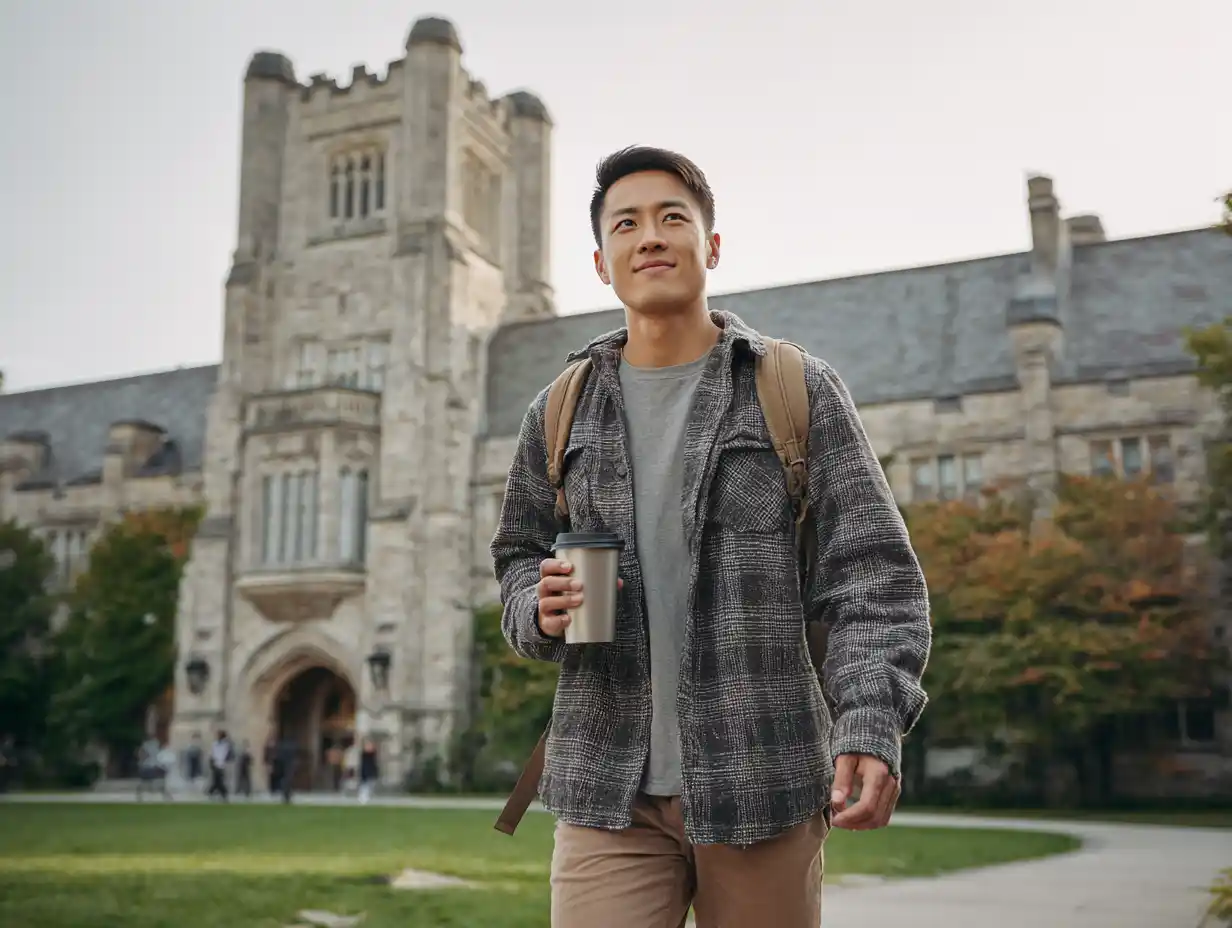 Insert Image alt text hereSmiling international postgraduate student walking across a university campus quad with a backpack and coffee mug, exuding optimism and purpose