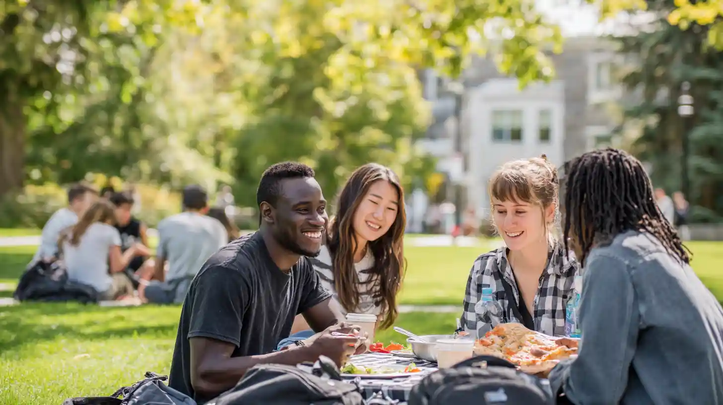 Insert Image alt text hereA group of international students laughing and chatting over coffee and notes on a campus lawn