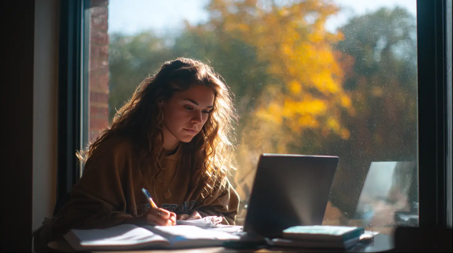 Insert Image alt text hereInternational student seated by a sunlit window, focused on a laptop showing a budget spreadsheet, with a planner and pen beside them