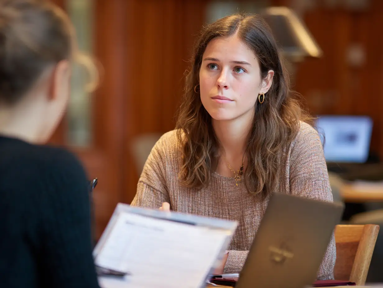 Insert Image alt text hereStudent in a meeting with a university advisor about financial aid, taking notes with brochures and a laptop open