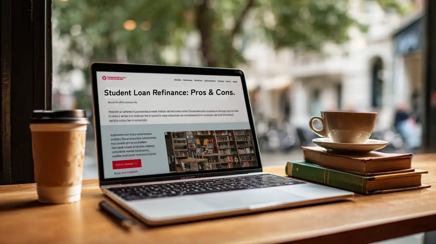 Insert Image alt text hereStudent at coffee shop viewing “Student Loan Refinance: Pros & Cons” on laptop
