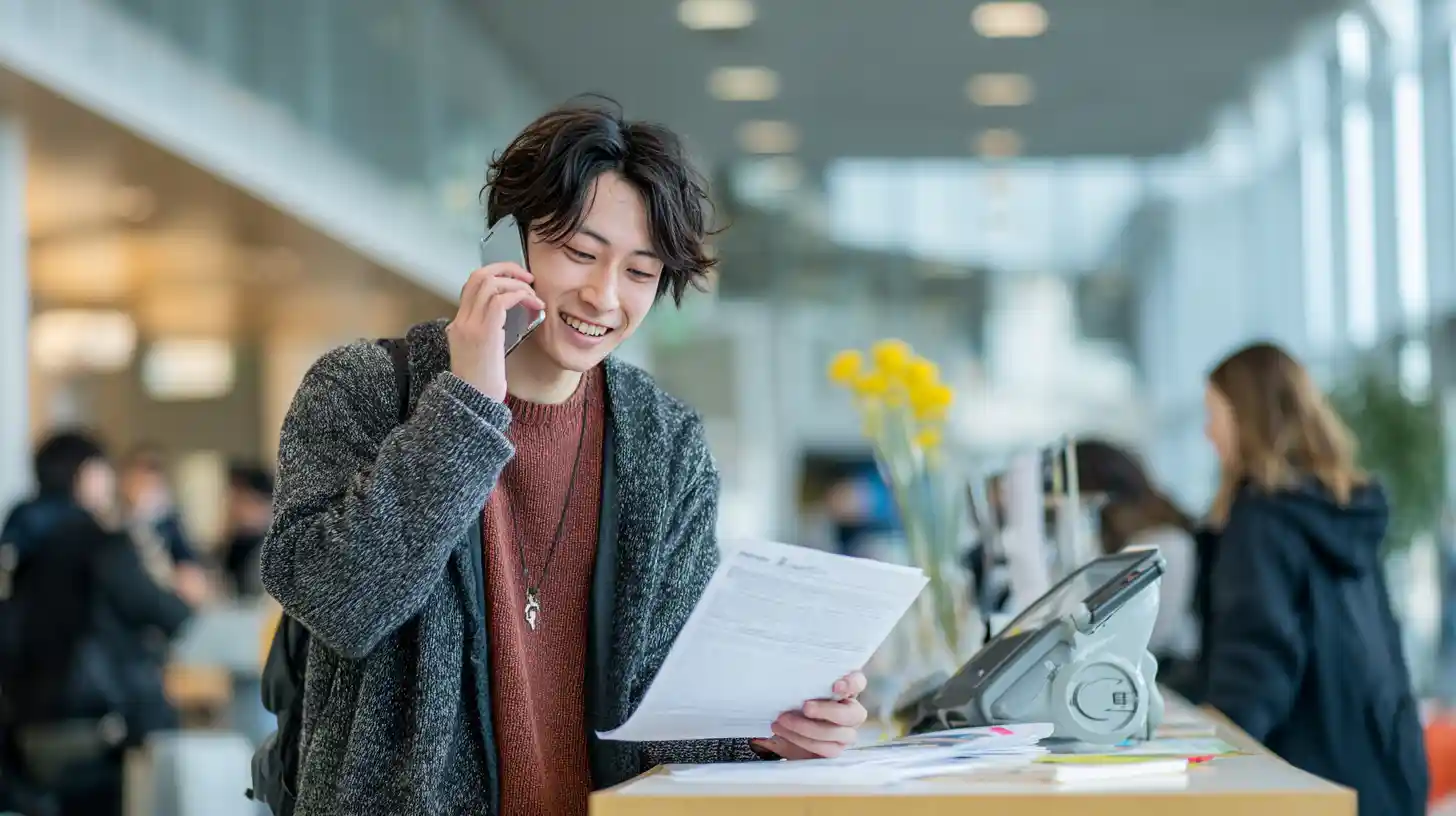 International student making a phone call at a bright, busy campus help desk, holding a document labeled “Emergency Fund Application” with key information highlighted.