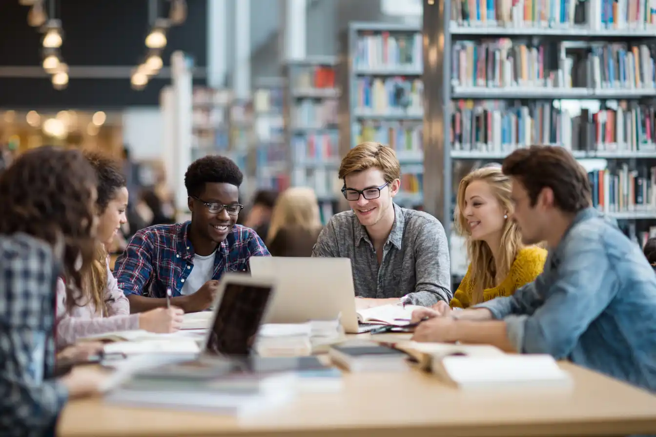 Multicultural group of international postgraduate students meeting with a university financial advisor, pointing at a whiteboard while discussing loan repayment options.
