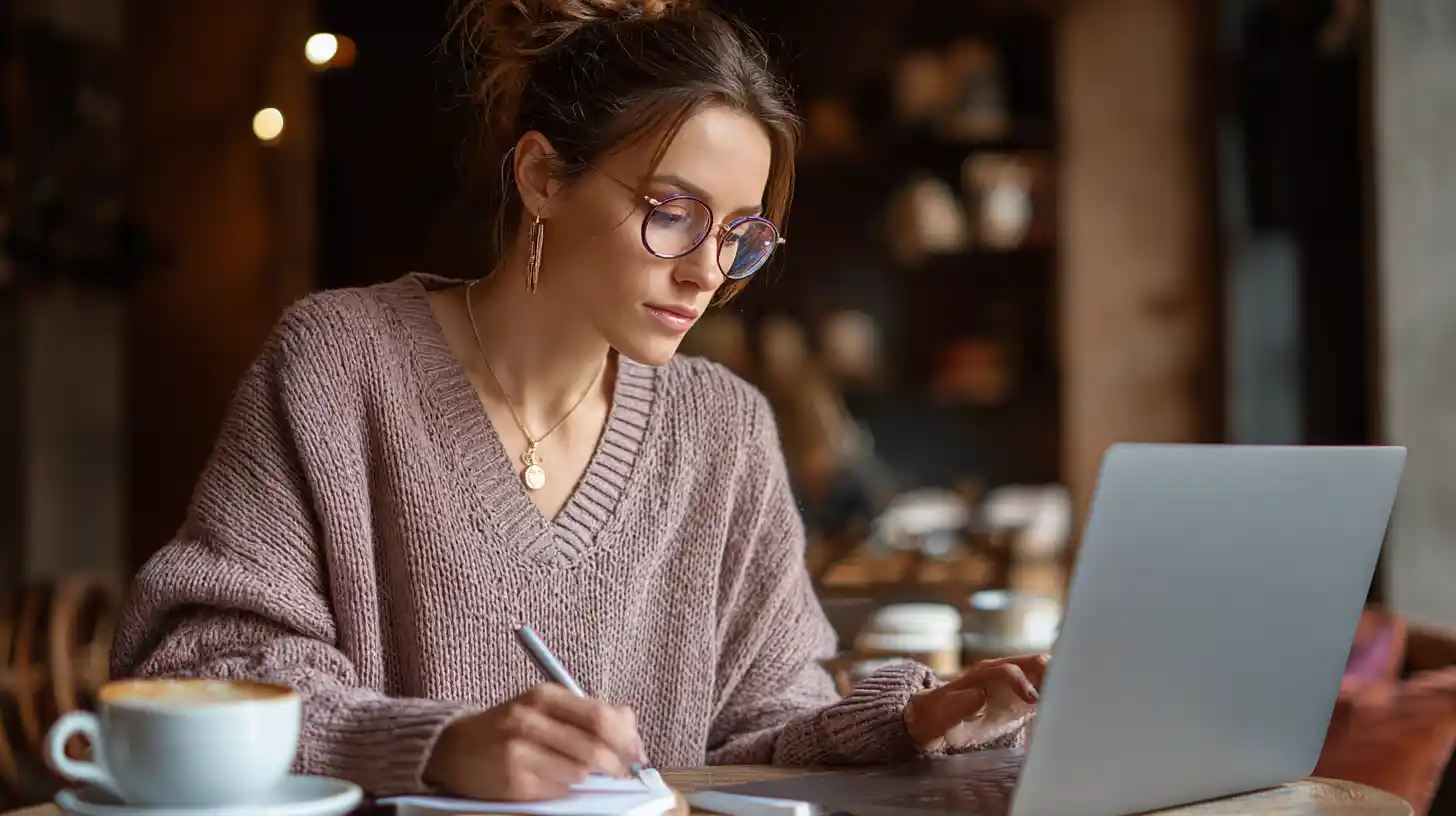 International students sitting in a cozy café, reviewing a digital scholarship application on a laptop and taking notes in a small notebook.
