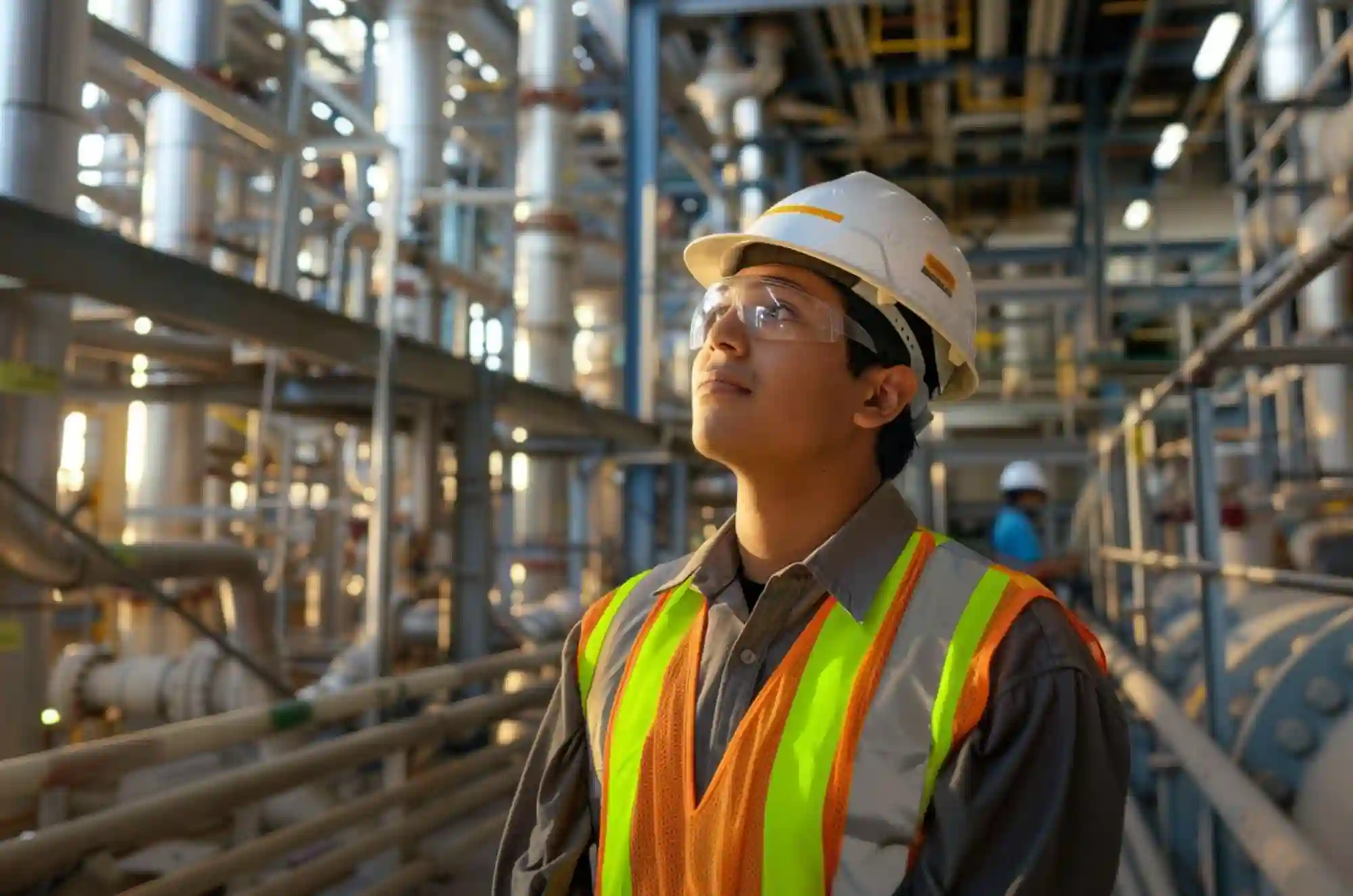 A Nepali engineering graduate in a hard hat and reflective vest observes equipment at a large U.S. industrial site.