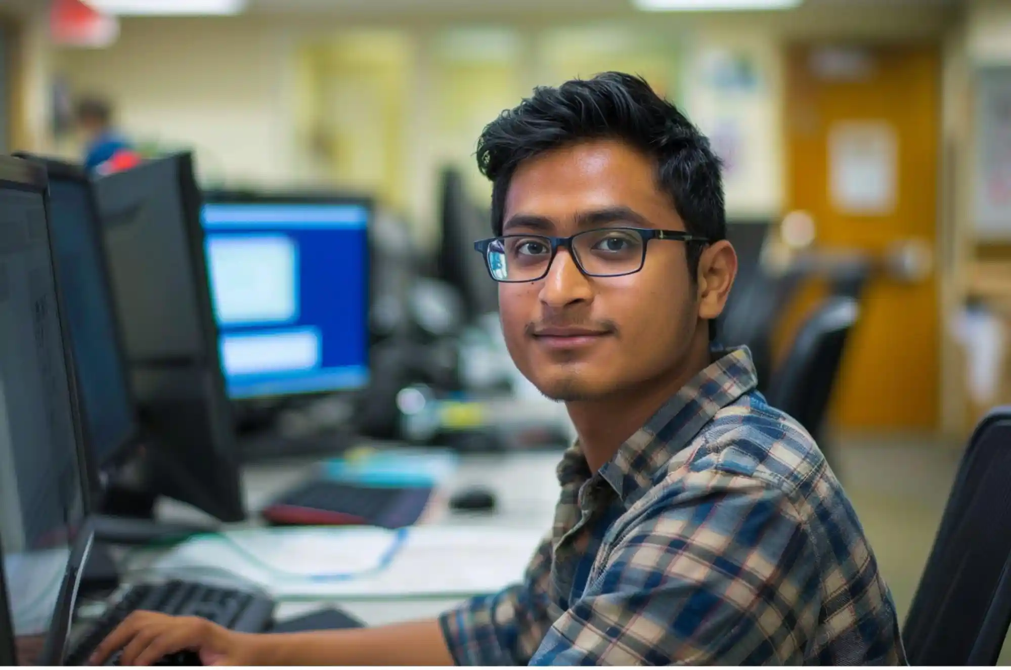 A Nepali student working part time in a university lab or IT help desk.