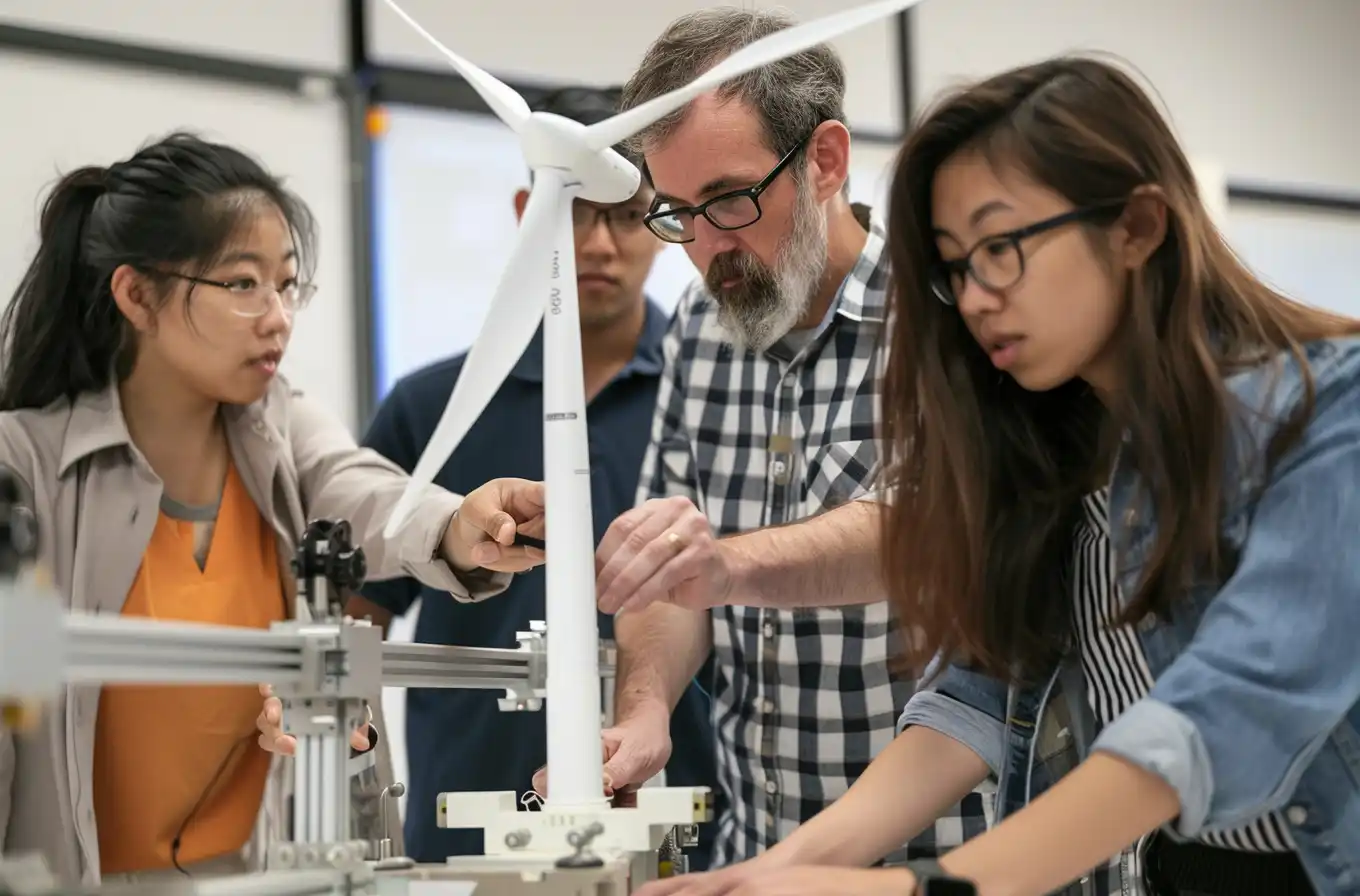 A professor guides international students on campus