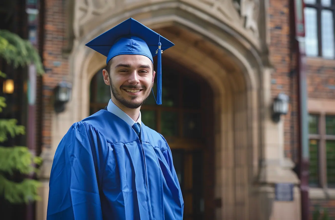 An international graduate stands in front of a U.S. university building.