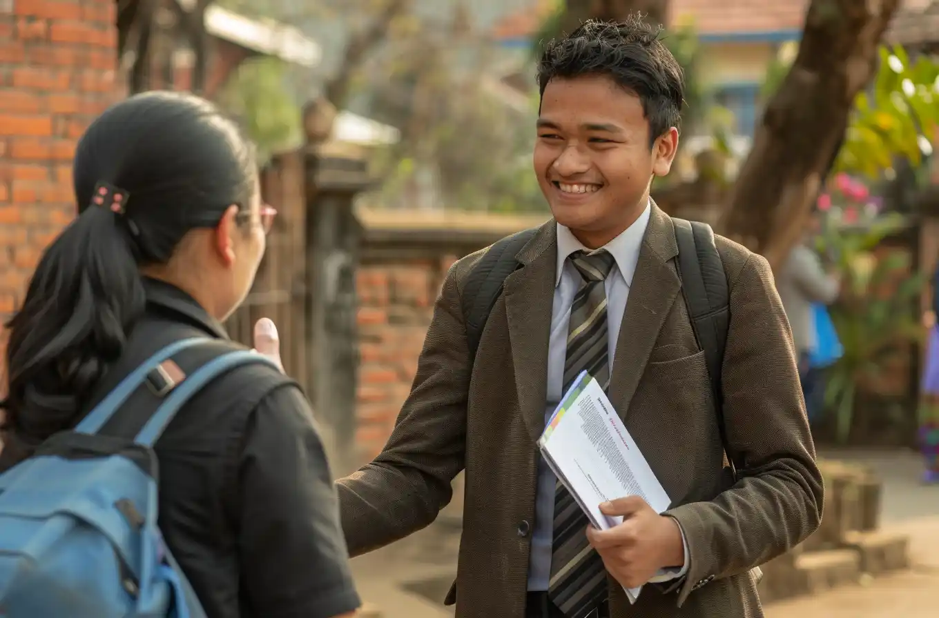 International Students carry folders and wear business attire.