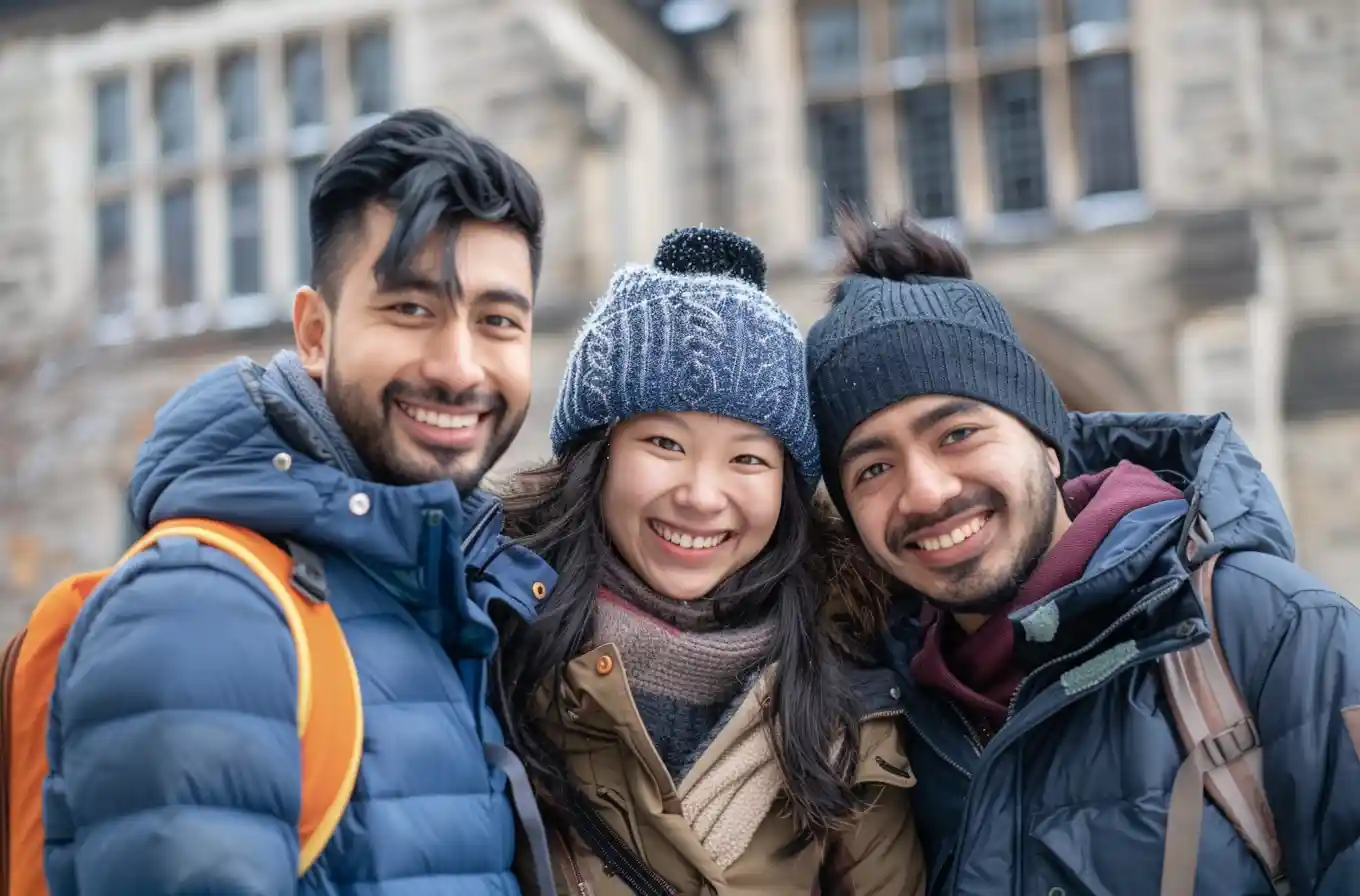 Nepali students stand smiling in front of a historic university building in Canada.
