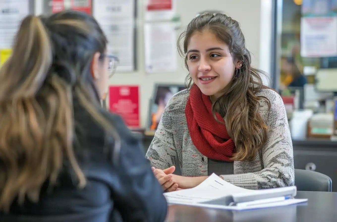 A designated school official (DSO) meets with an international student in a university career office, reviews papers.