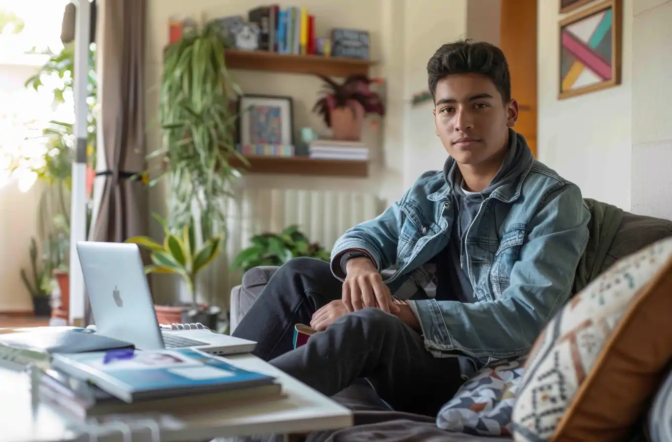 Student sitting on his couch with a laptop and documents.