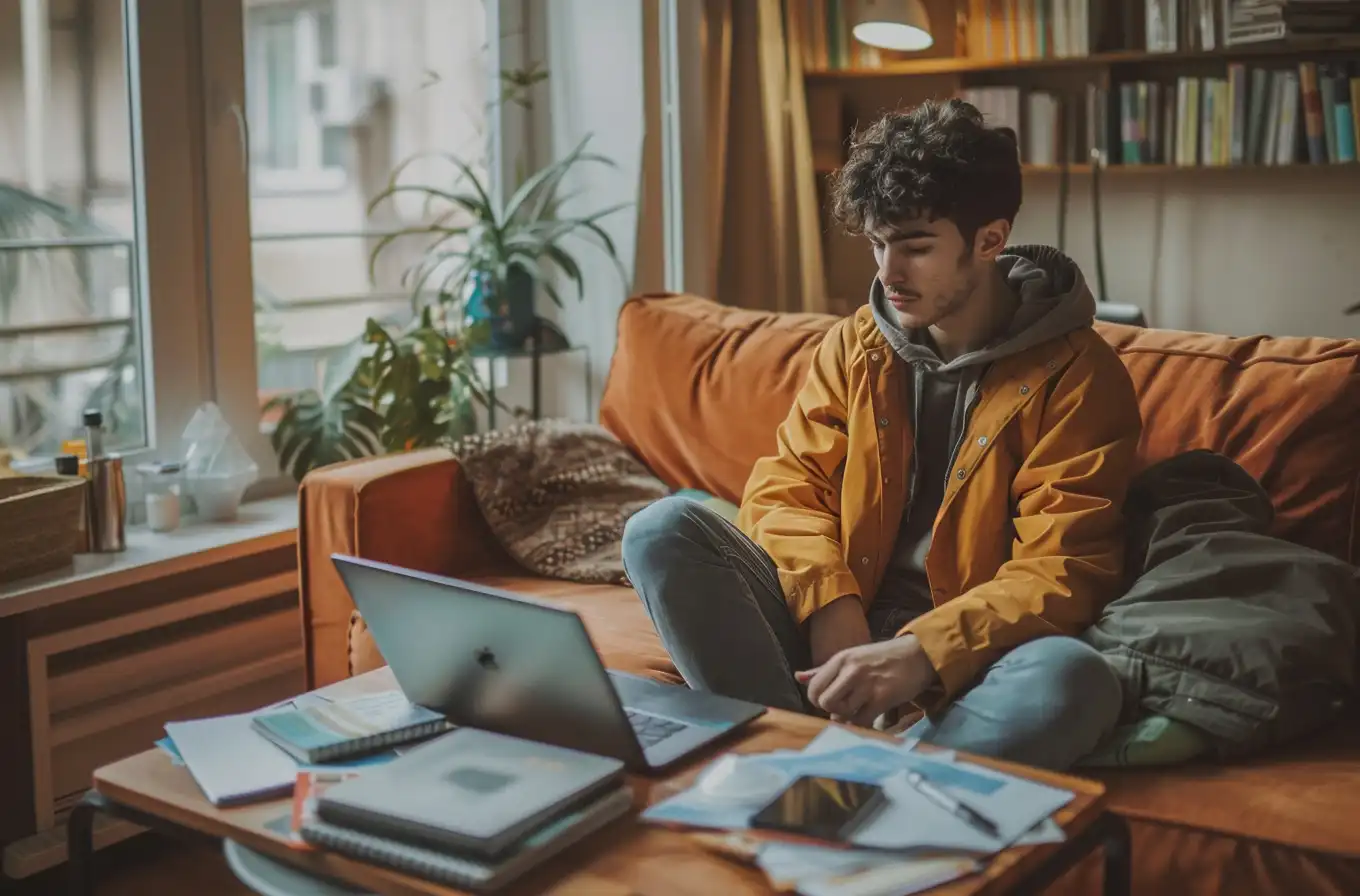 Student sitting in his apartment with a laptop, planner and visa documents laid on the table.