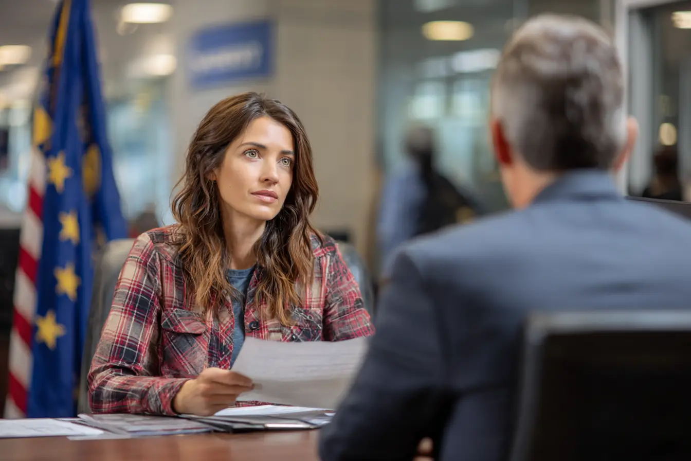 International student at a U.S. consulate interview, listening carefully while holding visa documents.