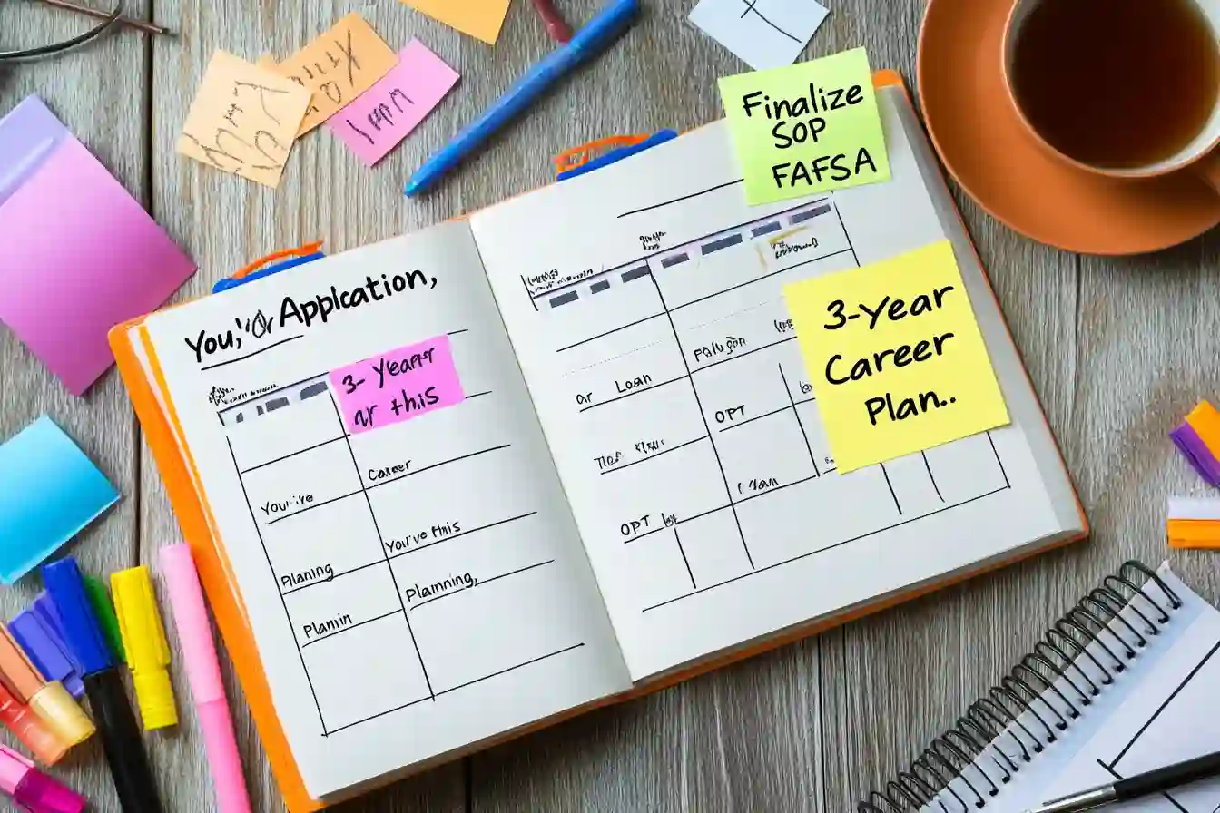 Organized student planner showing scholarship deadlines, SOP checklist and a goal-focused three-year career plan with motivational notes.