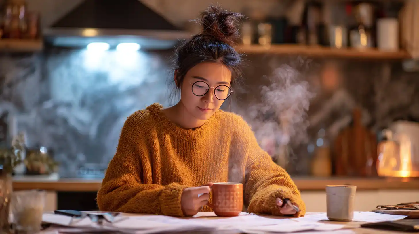 International student in a cozy apartment kitchen reviewing financial documents and creating a budget with a steaming mug of tea to meet Canadian study permit funding requirements.