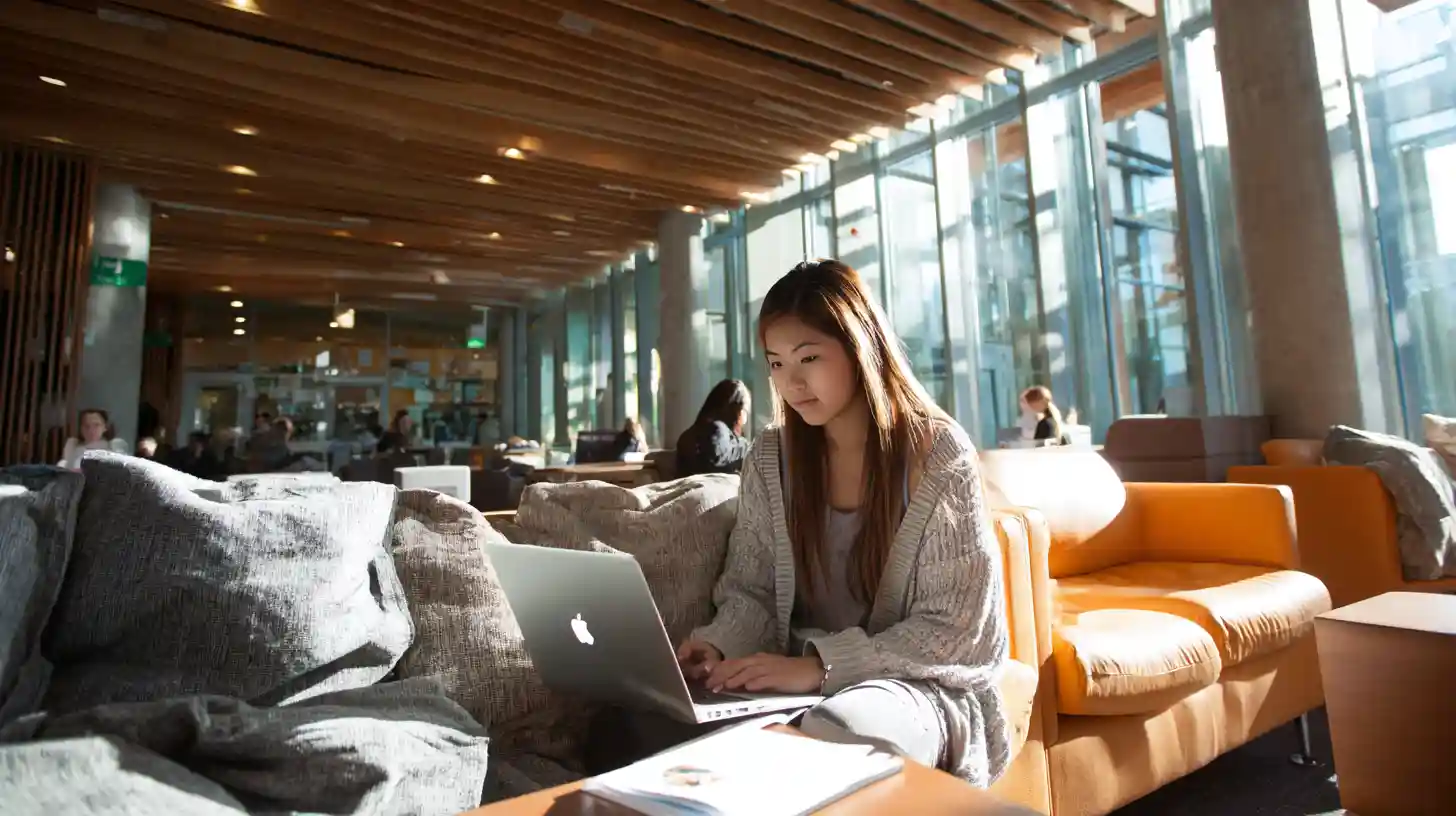 International student in a warm, modern library using a laptop to research post-graduation work permit (PGWP) eligibility.