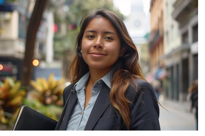 A Colombian graduate walks confidently through a downtown area in the U.S.