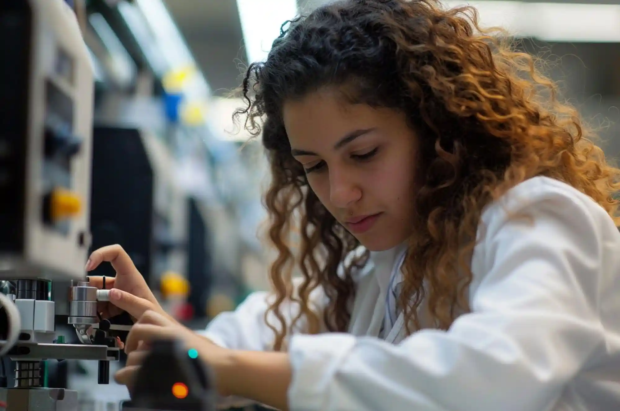 A mid-20s Columbian student wearing professional outfit, works in a lab in her University