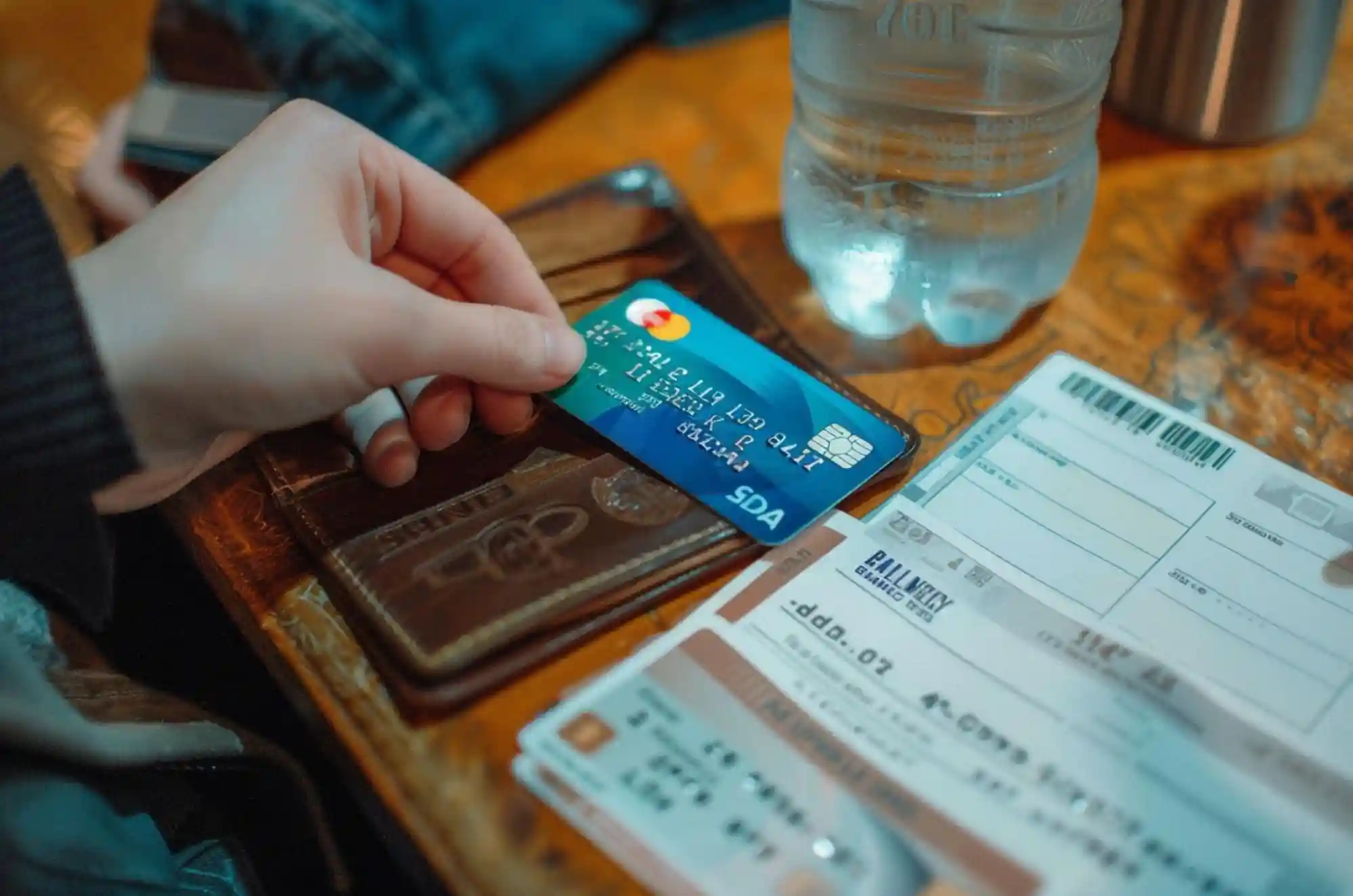 A close-up of a debit card being placed into a wallet next to a student ID card.