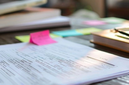 A close-up shows a printed transcript with letter grades and corresponding GPA values highlighted. Next to it is a sticky note and a scholarship application checklist.