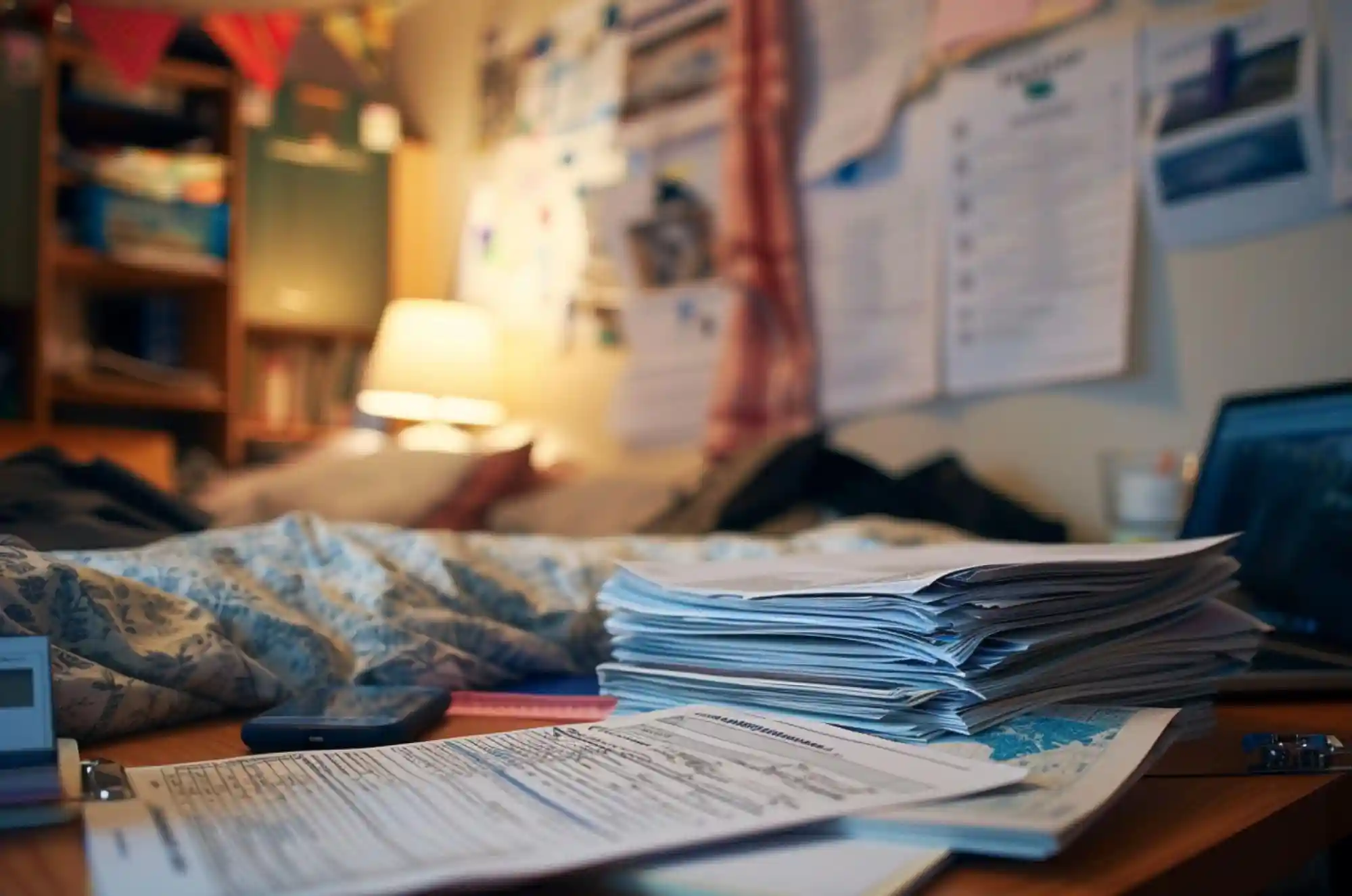 A dorm room desk scene includes a neat stack of tax paperwork. A calendar on the wall and a cup of pens sits beside a calculator and laptop.