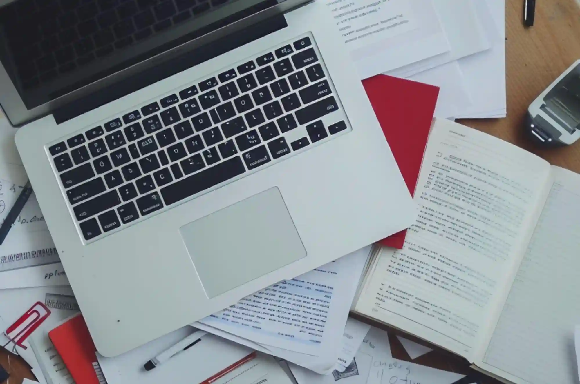 A flat lay features a laptop some papers and stationary.