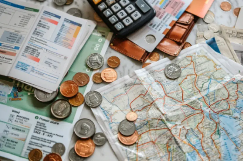 A flat lay photo features a bank statement and a map. Nearby are coins and a calculator.
