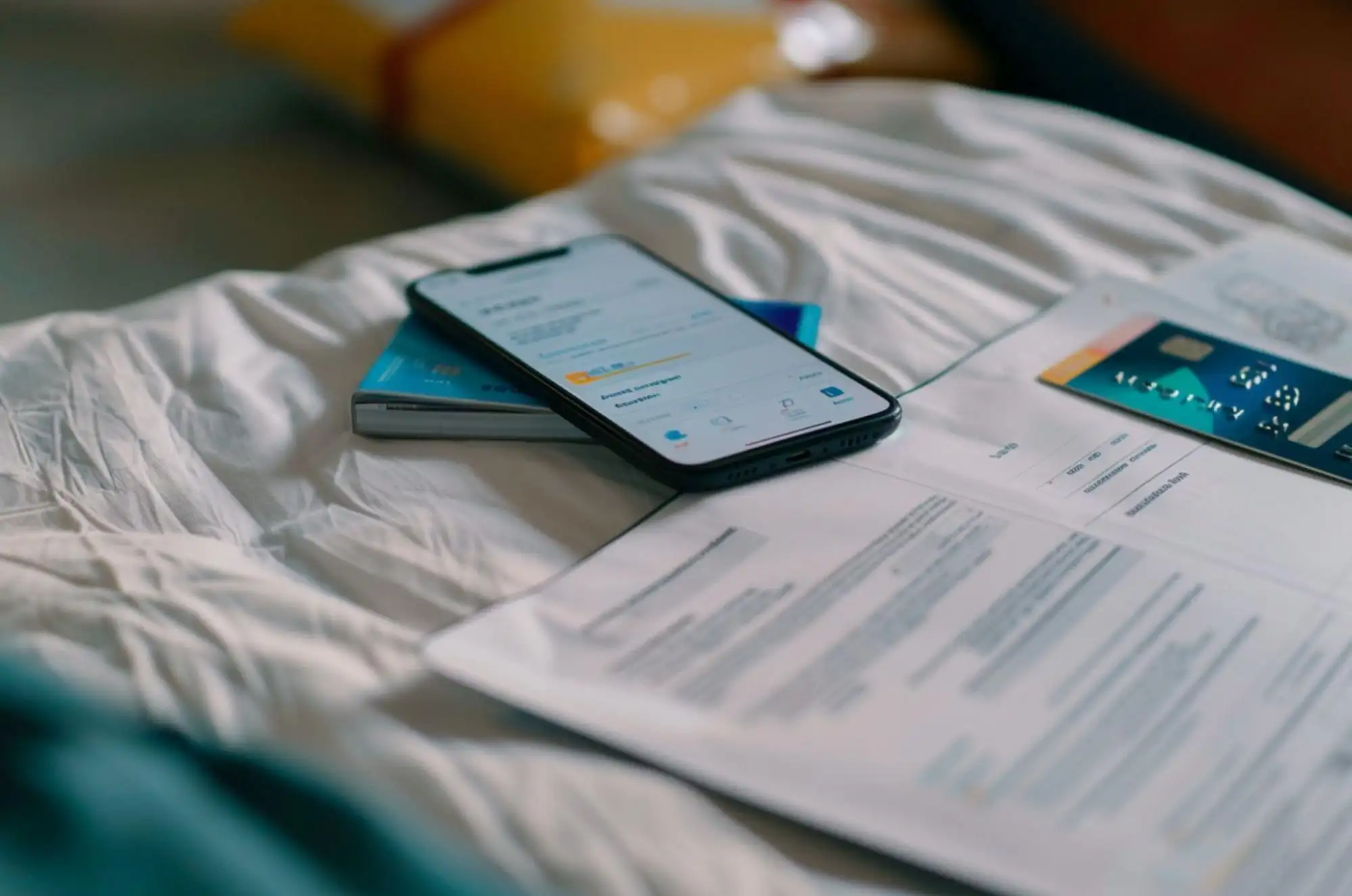 A flat lay photo shows a lease agreement, a credit card and a phone resting on a notebook