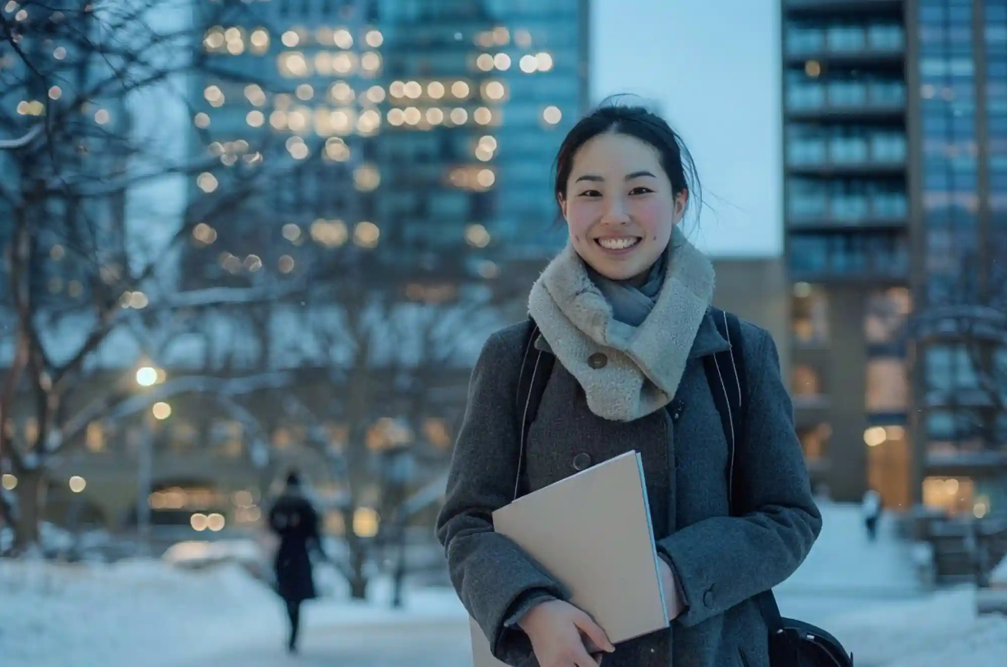A graduate in a winter coat walks past a Canadian university building after a job interview