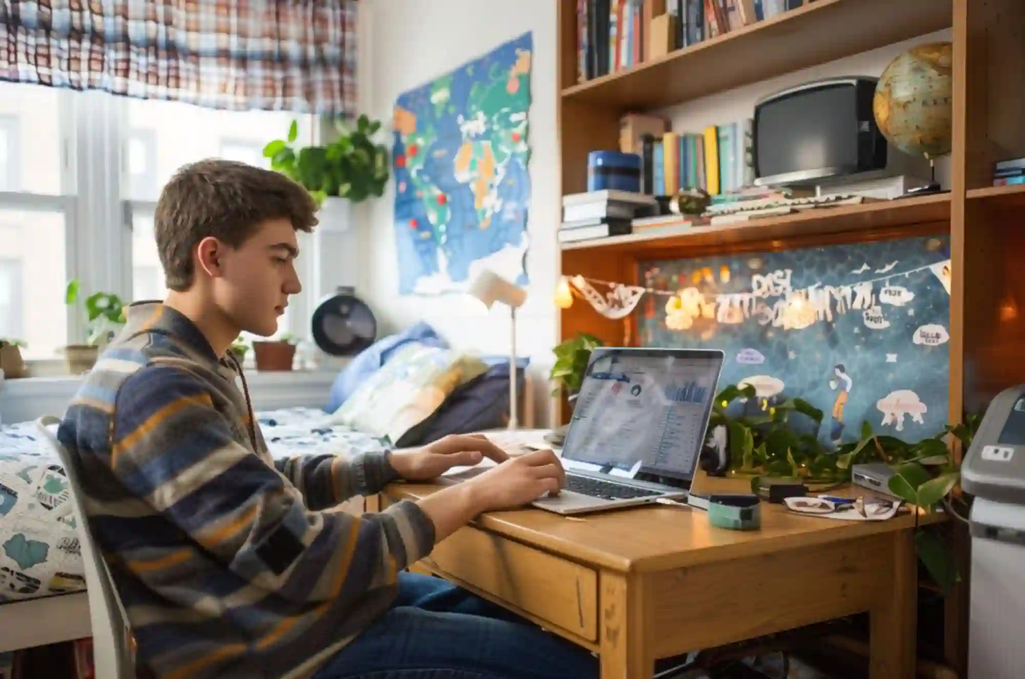 A student in a dorm room sitting at his desk and working
