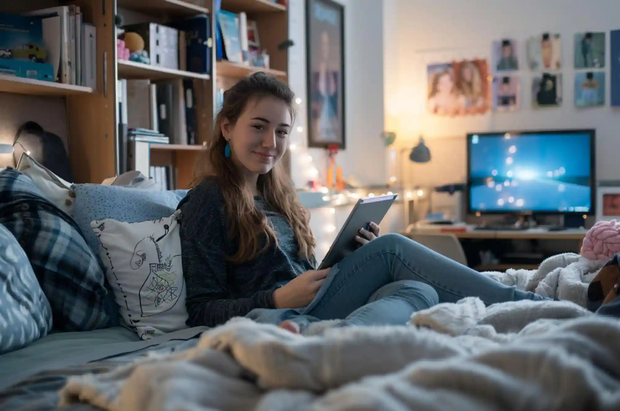 A student relaxes in a dorm room while reviewing some documents