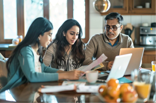 A Telugu family in Vijayawada reviews university admission documents and financial aid letters together at their dining table.