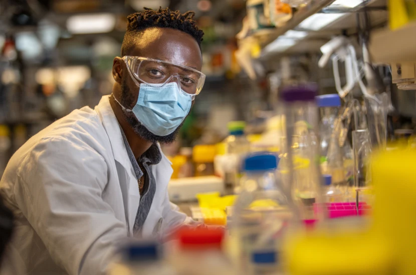 An international graduate in a lab coat and safety goggles working in a lab in the U.S.